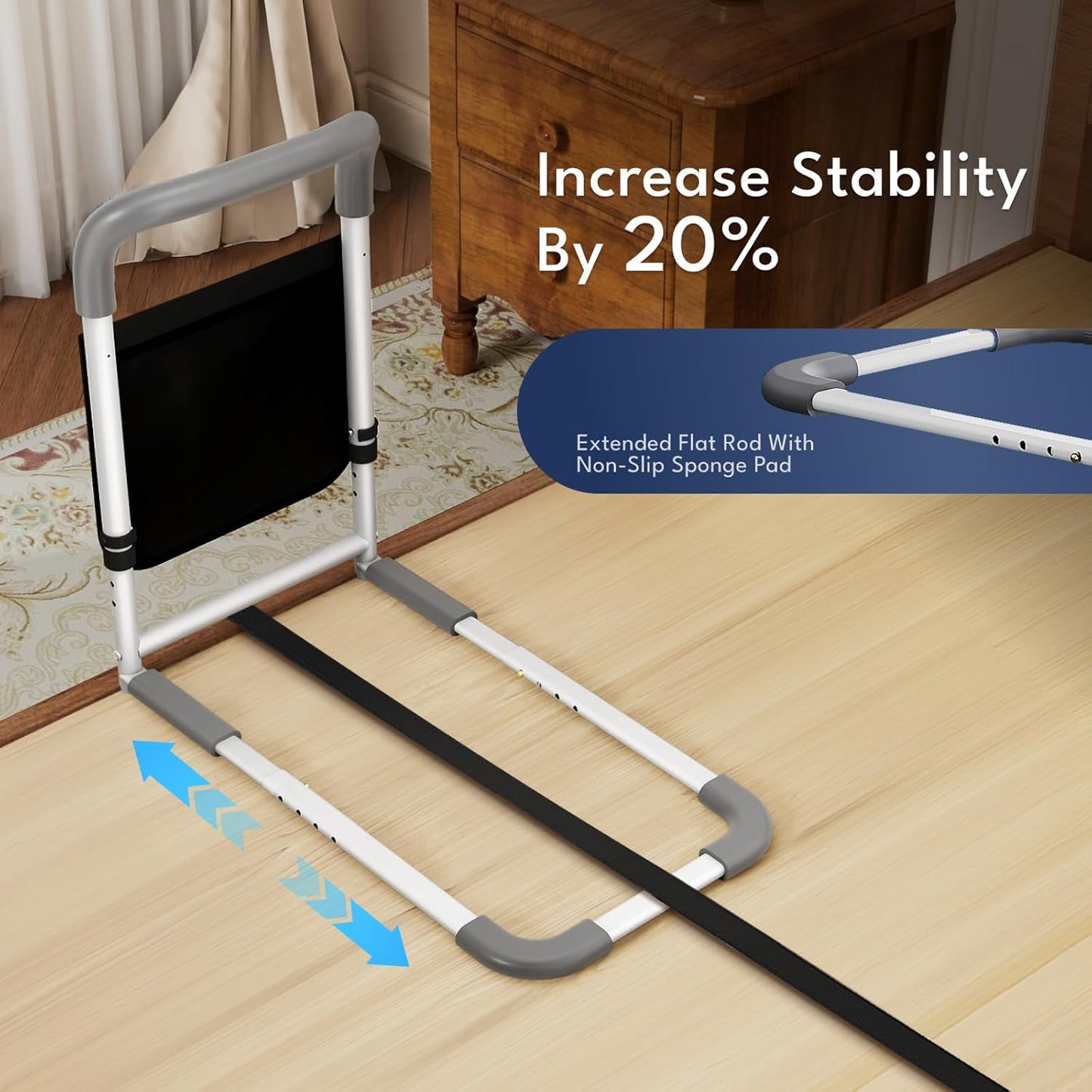 HOMEAL Bed Rails for Elderly Adults Safety, Adjustable Bed Assist Rail with Motion Light, 350lbs Heavy Duty Bedside Safety Cane with Storage Pocket & Fixing Strap, Fit Standard & Adjustable Bed (Grey)