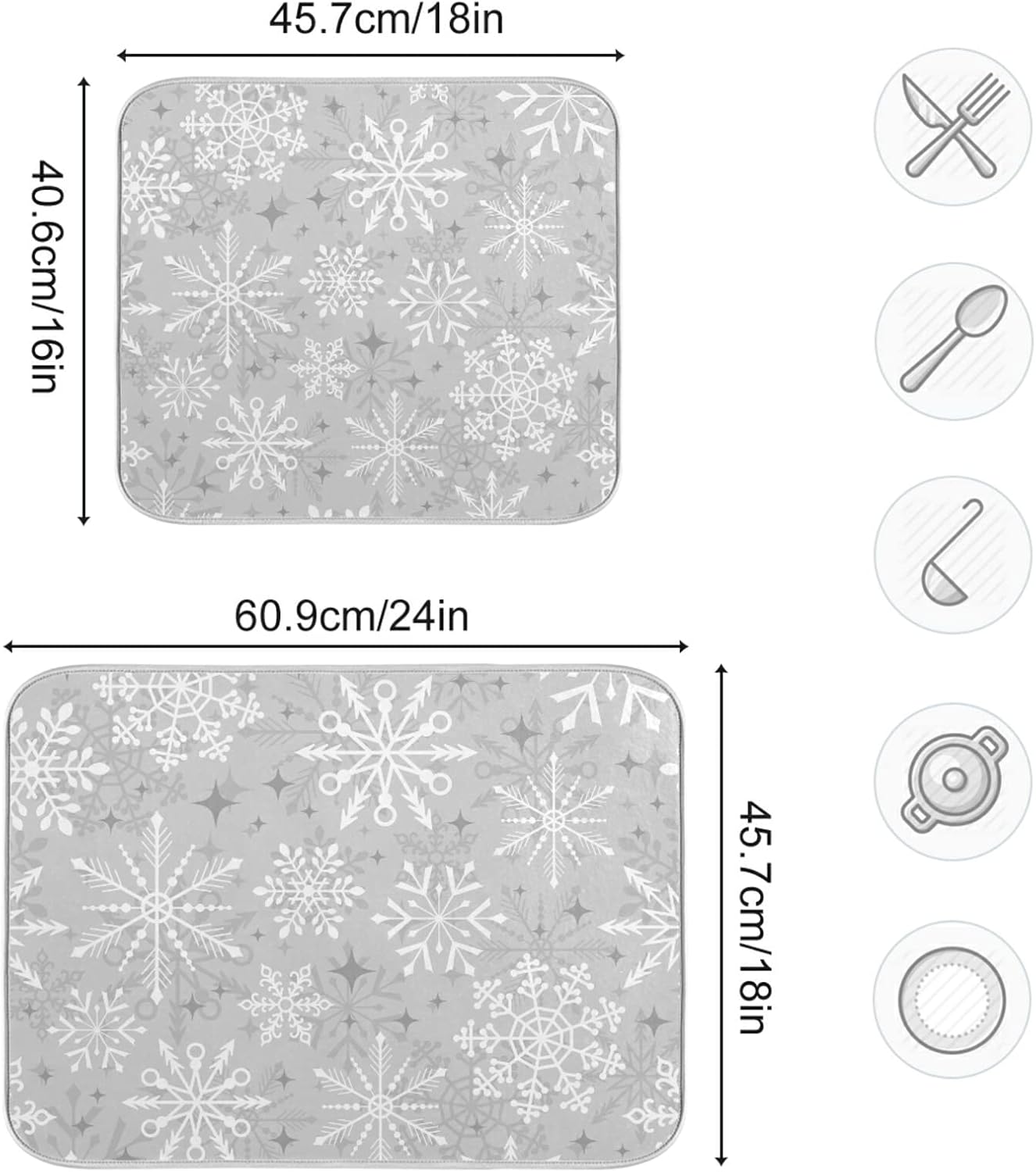 Christmas Silver Snowflake Microfiber Dish Drying Mat 18'' x 24'' for Kitchen Counter Drying Pad Dish Drainer Mats Absorbent Dish Draining Mat Extra Large