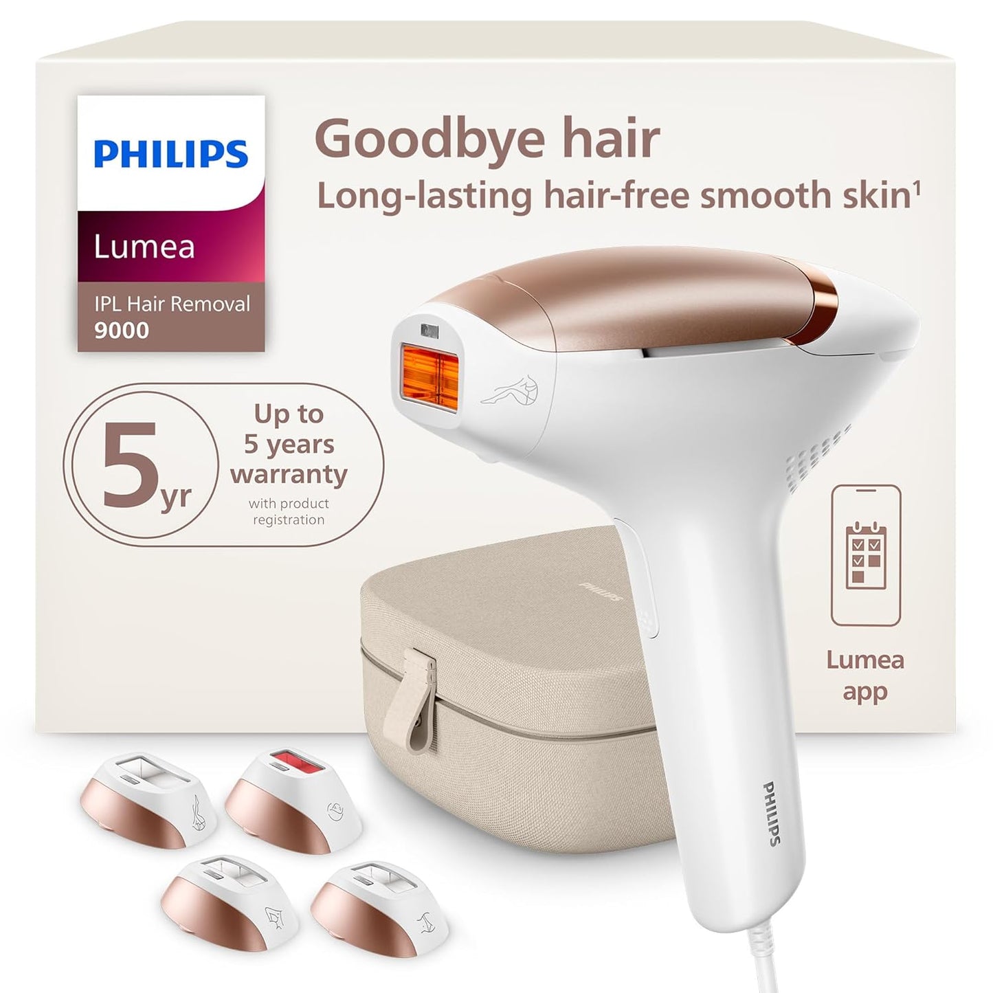 Philips Lumea 9000 Series IPL Hair Removal Device - Permanent Visible Hair Reduction Done at Home, SenseIQ Technology, 4 Attachments for Body, Face, Bikini & Underarms, for Women & Men, BRI984/03