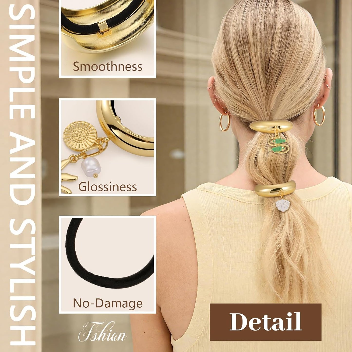 3PCS Gold Hair Ties, Metal Hair Ties for Thick Hair, Elegant Durable Geometric Design, Gold Hair Accessories with Charm Stretchy and Non-Damage Ponytail Cuff Holders, 3 Styles in Box Holiday Gifts