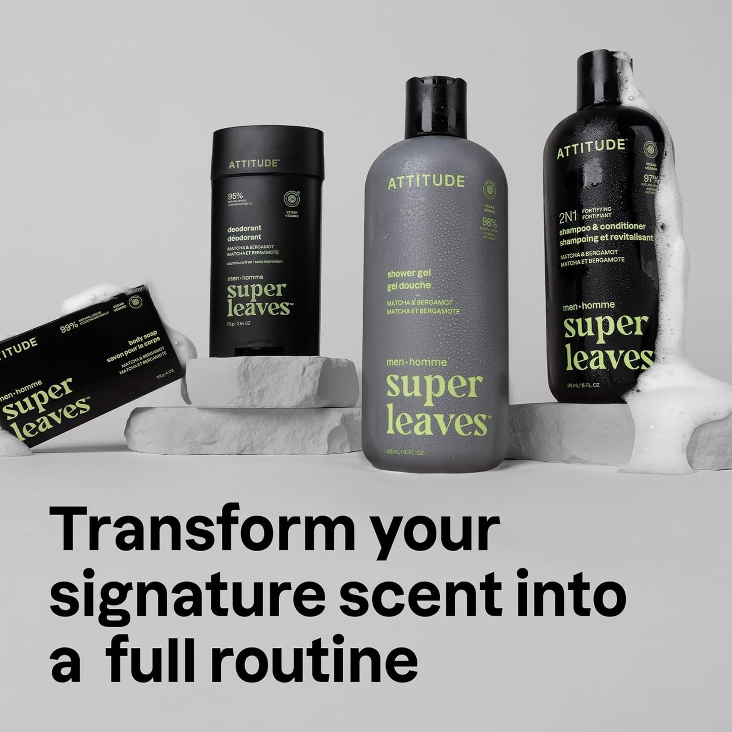 ATTITUDE Shower Gel Body Wash for Men, 98% Natural Origin Ingredients, Paraben & Phthalate Free, EWG Verified, Cleanses Without Drying, Matcha & Bergamot, 14 Fl Oz