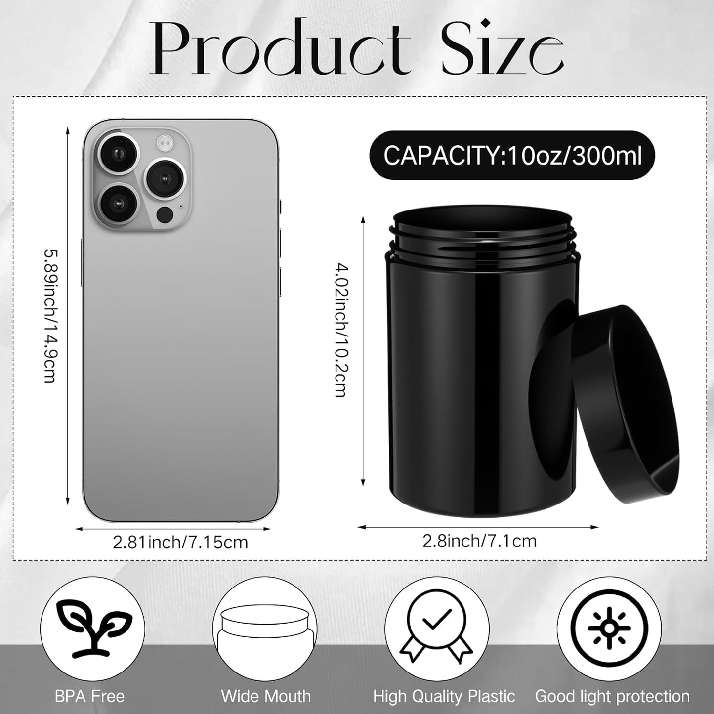 SATINIOR 12 Pack 10 oz Plastic Container Jars with Lids Round Clear Travel Cosmetic Container Slime Jar for Toiletries, Lotion, Cream, Ointment, Makeup, Rhinestone, Sample, Kitchen Storage(Pure Black)