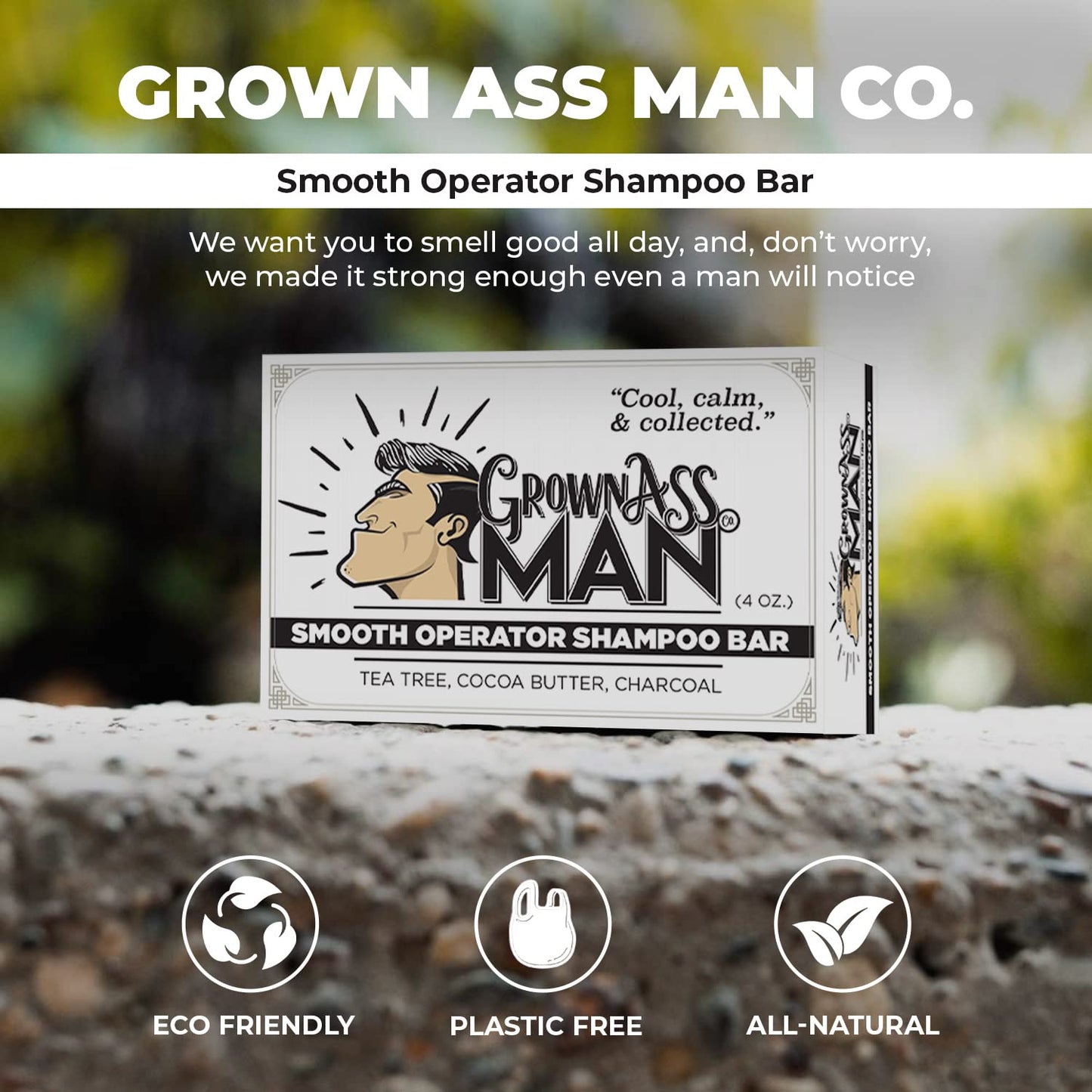 Grown Ass Man Co. - Solid Shampoo Bar Rich Lather 3 in 1: Hair, Beard & Body Wash - Plastic Free & Eco-Friendly, Natural & Organic Clean for All Hair Types, 4oz Bar (Smooth Operator, Single)