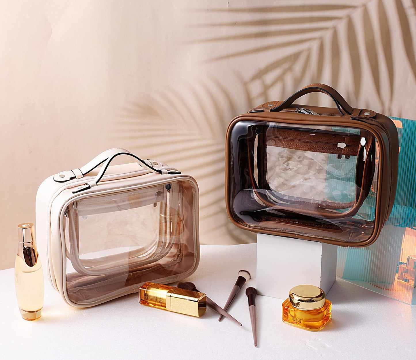 SANHECUN traveling toiletry Case large clear cosmetics case makeup bag Dimensions | LxWxH:10” x 4.5” x 7.5”(Brown, Medium)