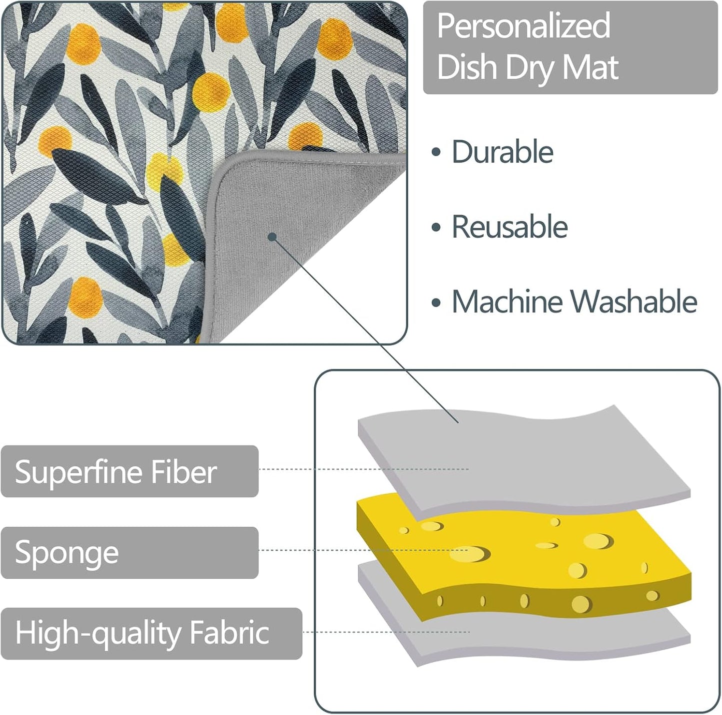 SHIYUE Dish Drying Mat for Kitchen Counter Super Absorbent Spring Kitchen Decor Microfiber Drying Matainers Rack Fast Pad Dish Drainer Mats(Watercolor Leaves,16''x18'')