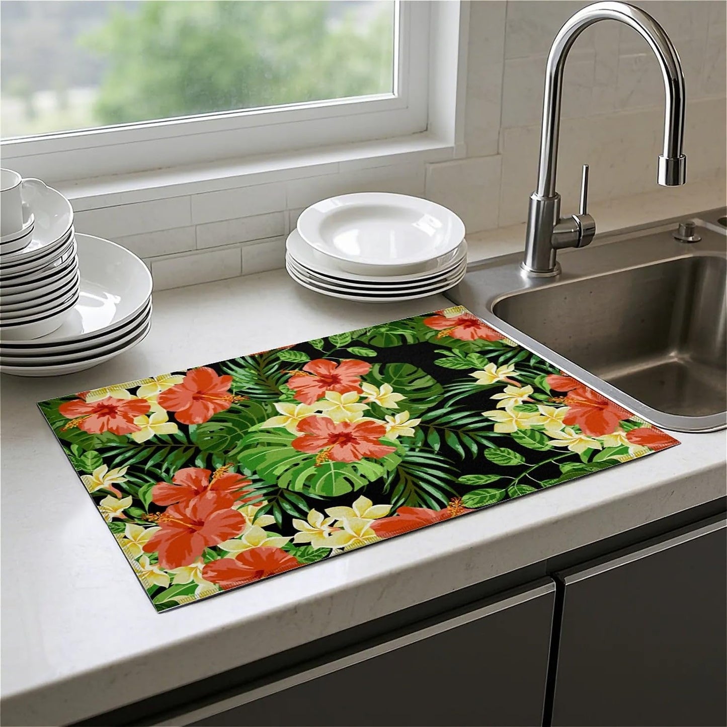 Dish Drying Mat For Kitchen Counter, Tropical Flower On Black Microfiber Absorbent Dish Drainer Rack Pad Reusable Large 18x24in Drying Mat