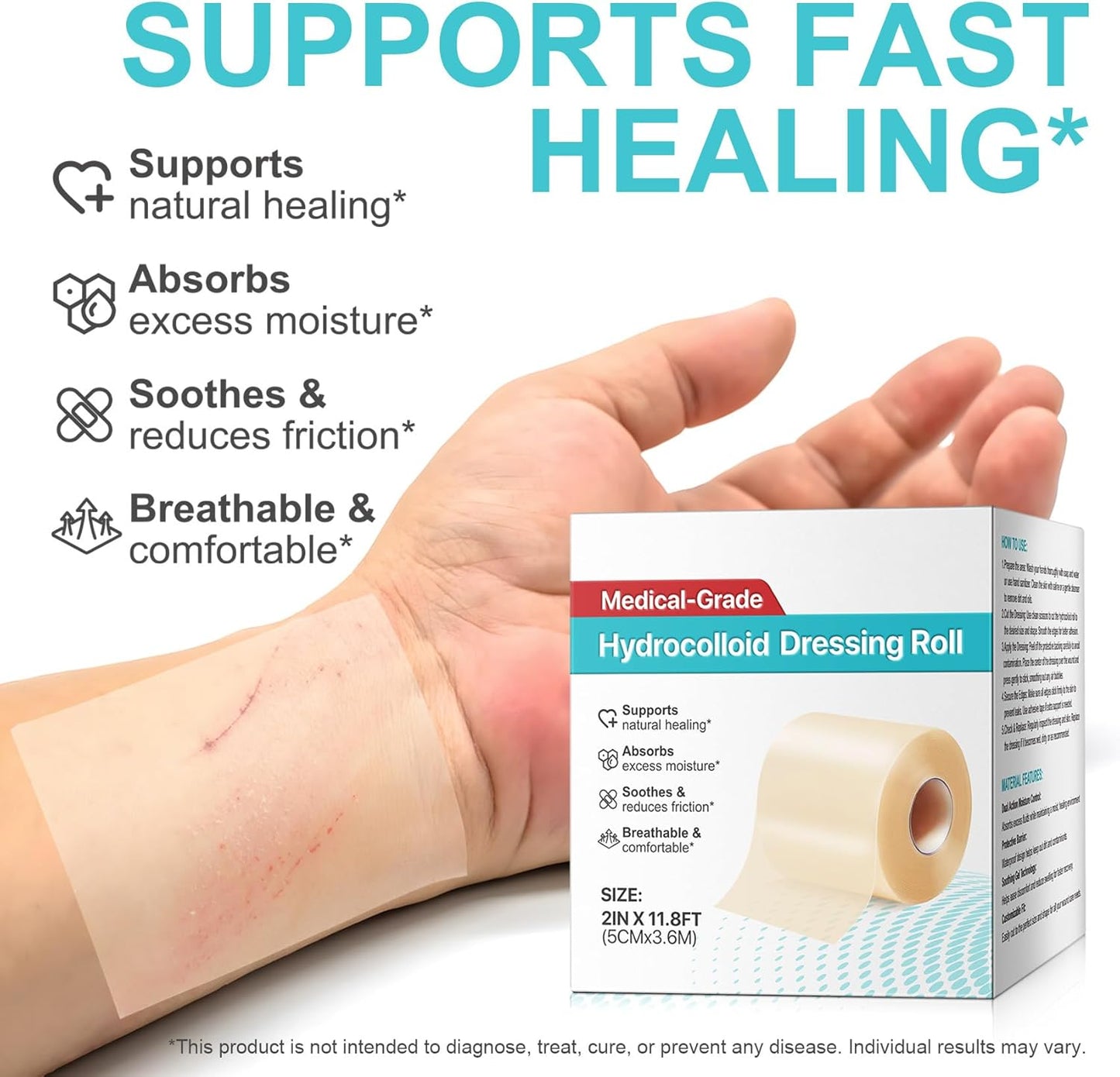 Hydrocolloid Roll for Wound Care, Cut-to-Size, Hydrocolloid Patch Bandages with Self-Adhesive, Ultra Absorbent, Waterproof, Home Essential, 2in x 11.8ft