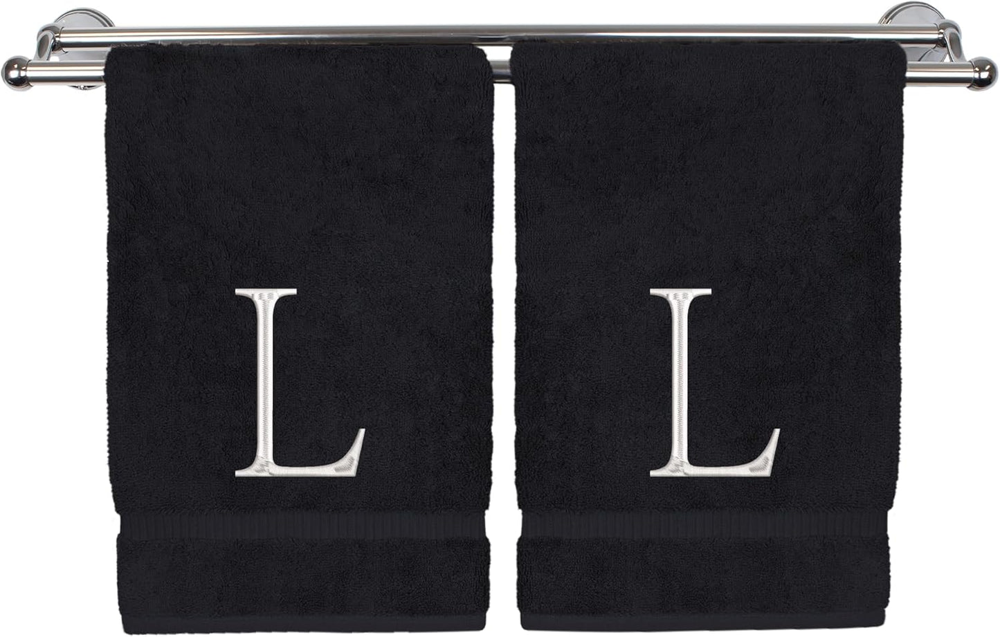 Monogrammed Hand Towel, Personalized Initial Gift, Extra Absorbent 100% Turkish Cotton - Soft Terry Finish - Set of 2 - White Block Initial L - Embroidered on Black Towels