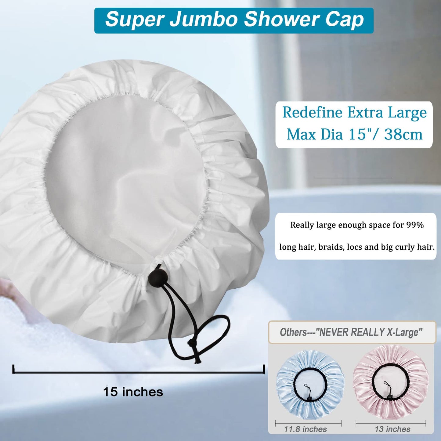 3 Pcs Extra Large Shower Caps for Women, Waterproof Adjustable XL Jumbo Satin Lined Shower Cap for Long Hair & Braids, Reusable Double Layer Large Bath Cap for Dreadlocks, Locs (White)