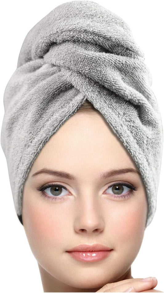 KEEPOZ Hair Towel Wrap Quick Dry 100% Cotton Super Absorbent Turban Head Wrap for Women with Button, Non Microfiber Anti Frizz Hair Products, Hair Cap for Curly, Long Hair (Grey, 1 Pc)