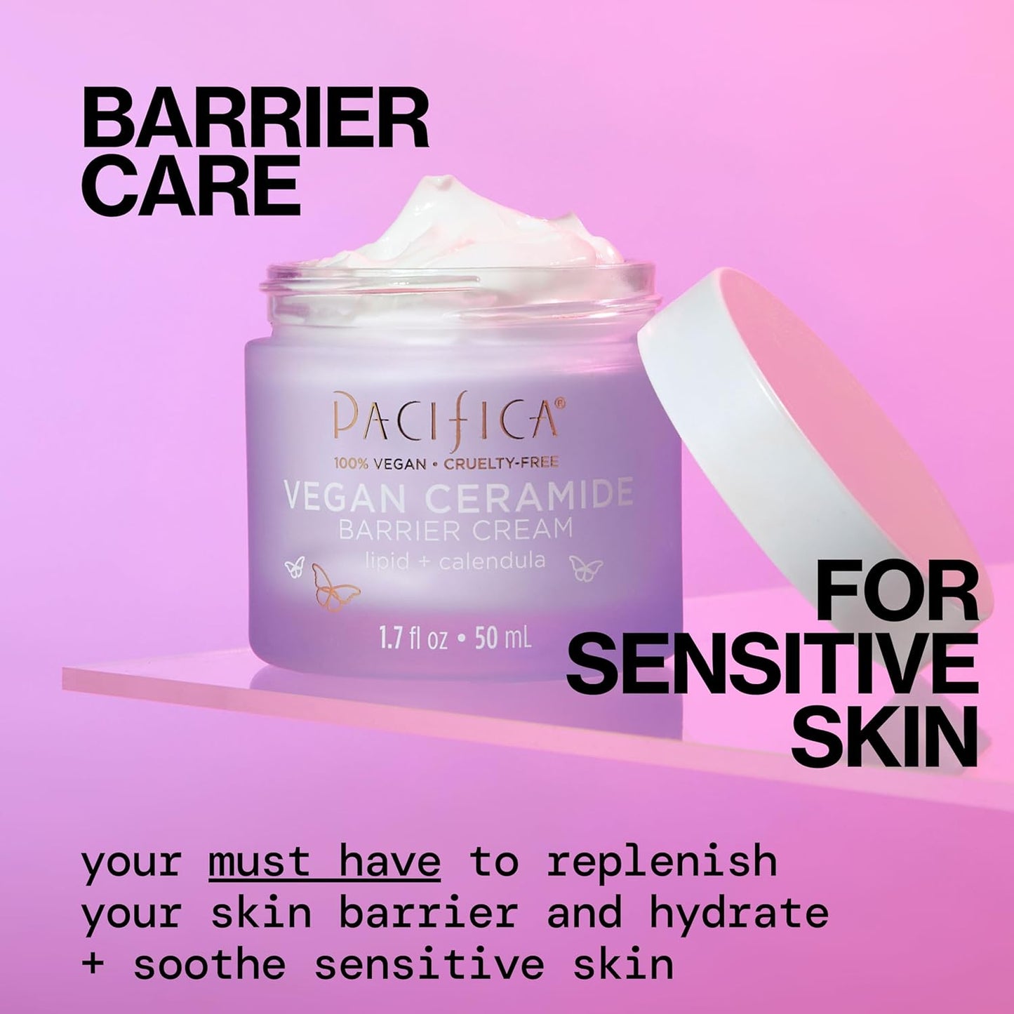 Pacifica Face Cream - Vegan Ceramide Barrier Cream w/Niacinamide & Shea Butter - Hydrating Daily Face Moisturizer Fragrance Free for Sensitive Skin, Vegan, Clean Beauty Allergy & Dermatologist Tested