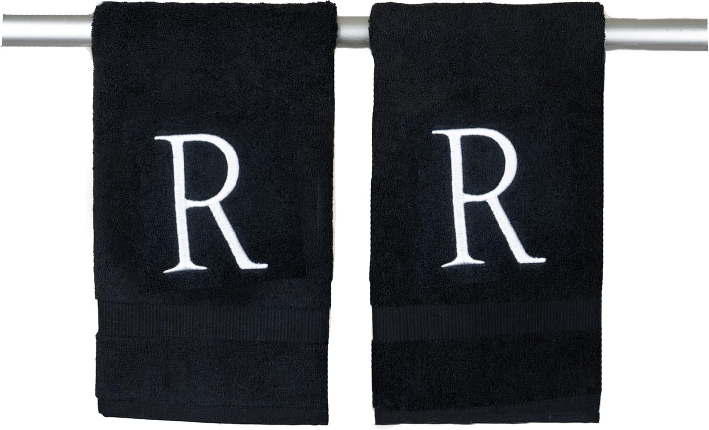 White and Black Monogrammed Hand Towel - Monogram Initial Hotel Quality Decorative Embroidered Luxury Towel for Powder Room, Spa - GOTS Organic Certified - Pack of 2, Letter R