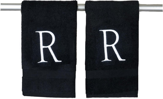 White and Black Monogrammed Hand Towel - Monogram Initial Hotel Quality Decorative Embroidered Luxury Towel for Powder Room, Spa - GOTS Organic Certified - Pack of 2, Letter R