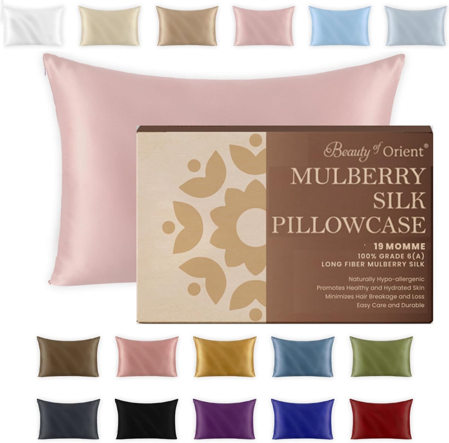19 Momme Premium Mulberry Pink Silk Pillowcase for Hair and Skin | Handcrafted Hypoallergenic & Anti-Acne 100% Silk Pillow Cases with Zipper | Queen - 20" x 30", Rose Water