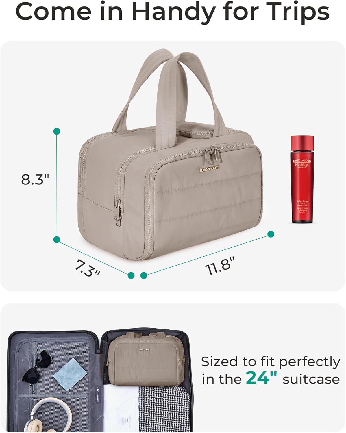 BAGSMART Travel Toiletry Bag, Lightweight Large Wide-open Travel Bag for Women, Puffy Cosmetic Makeup Bag Organizer with Handle for Accessories,Essentials, Toiletries, Grayish Brown