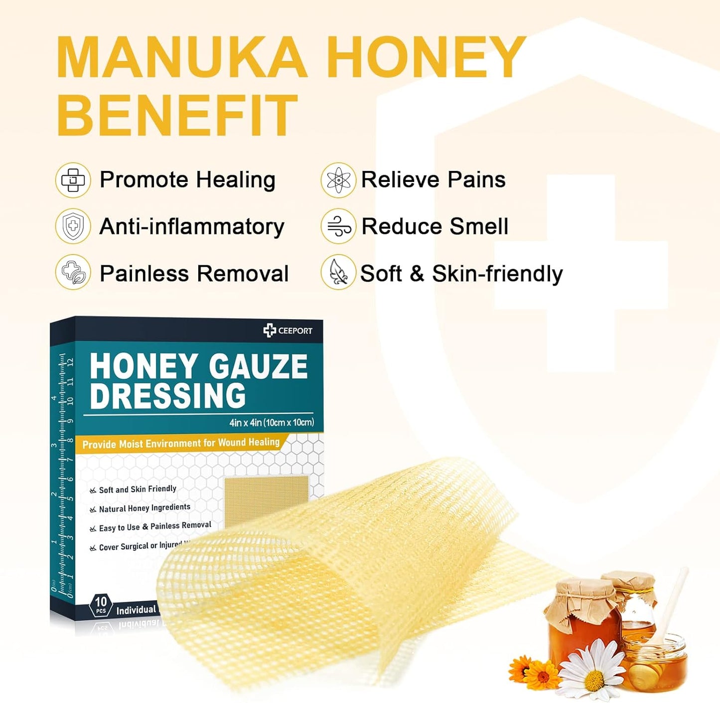Honey Gauze Wound Dressing, 4" x 4" Manuka Honey Wound Care, Medical Grade Honey Bandages for Wound Care, Honey Patch for Faster Healing from Burns, Abrasions, Cuts and Scalds (Pack of 10)