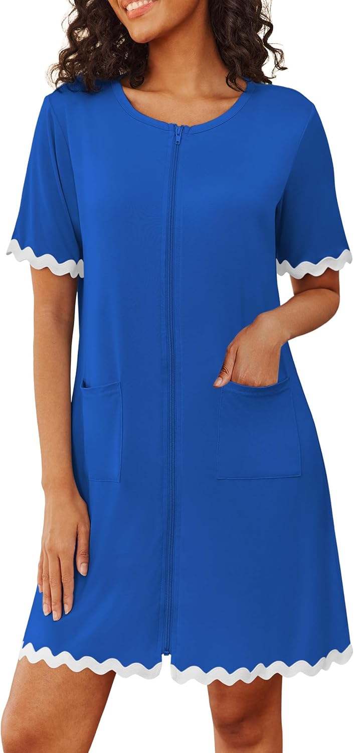 Ekouaer Women Zip Up Robe Lightweight Housecoats with Pockets Knee Length Short Bathrobes Soft Nightgown S-3XL