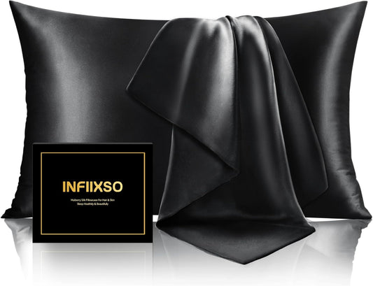 INFIIXSO Mulberry Silk Pillowcase for Hair and Skin, Silk Pillow Cases King Size with Hidden Zipper 20x40 Inches, Extraordinary Smooth and Soft Cooling Pillow Cases for Hot Sleepers(Black, 1 Pack)