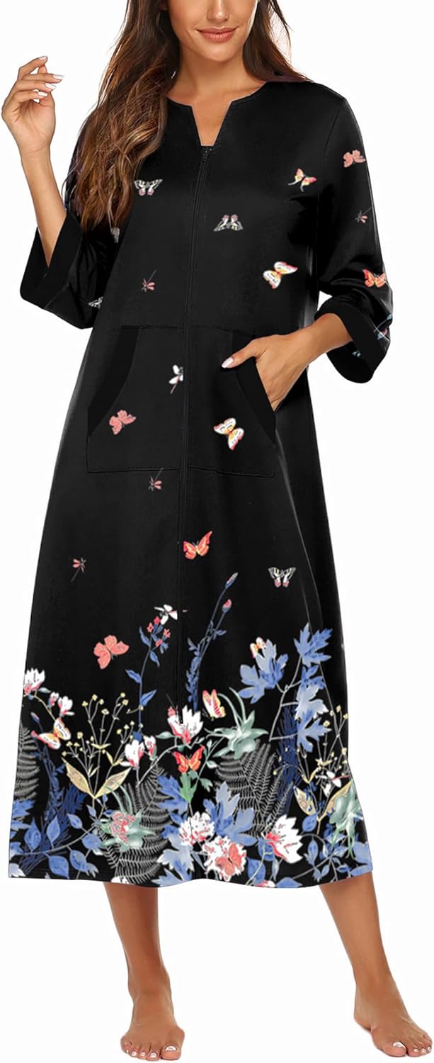 Ekouaer Women Zipper Robe 3/4 Sleeves Loungewear Dress Full Length Sleepwear Pockets Housecoat Nightgown Long Bathrobe