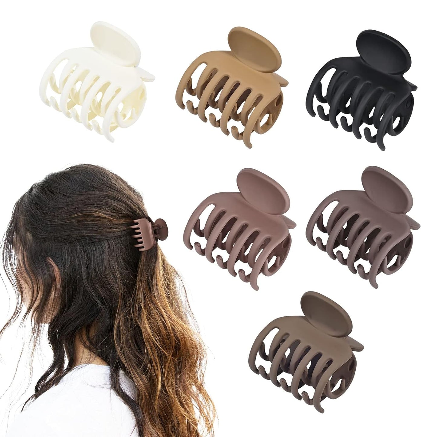 DEEKA Hair Clips Small Claw Clips for Thin Hair 6 Pack Double Row Teeth 1.6" Medium Matte Non-slip Short Hair Accessories for Women and Girls -Brown