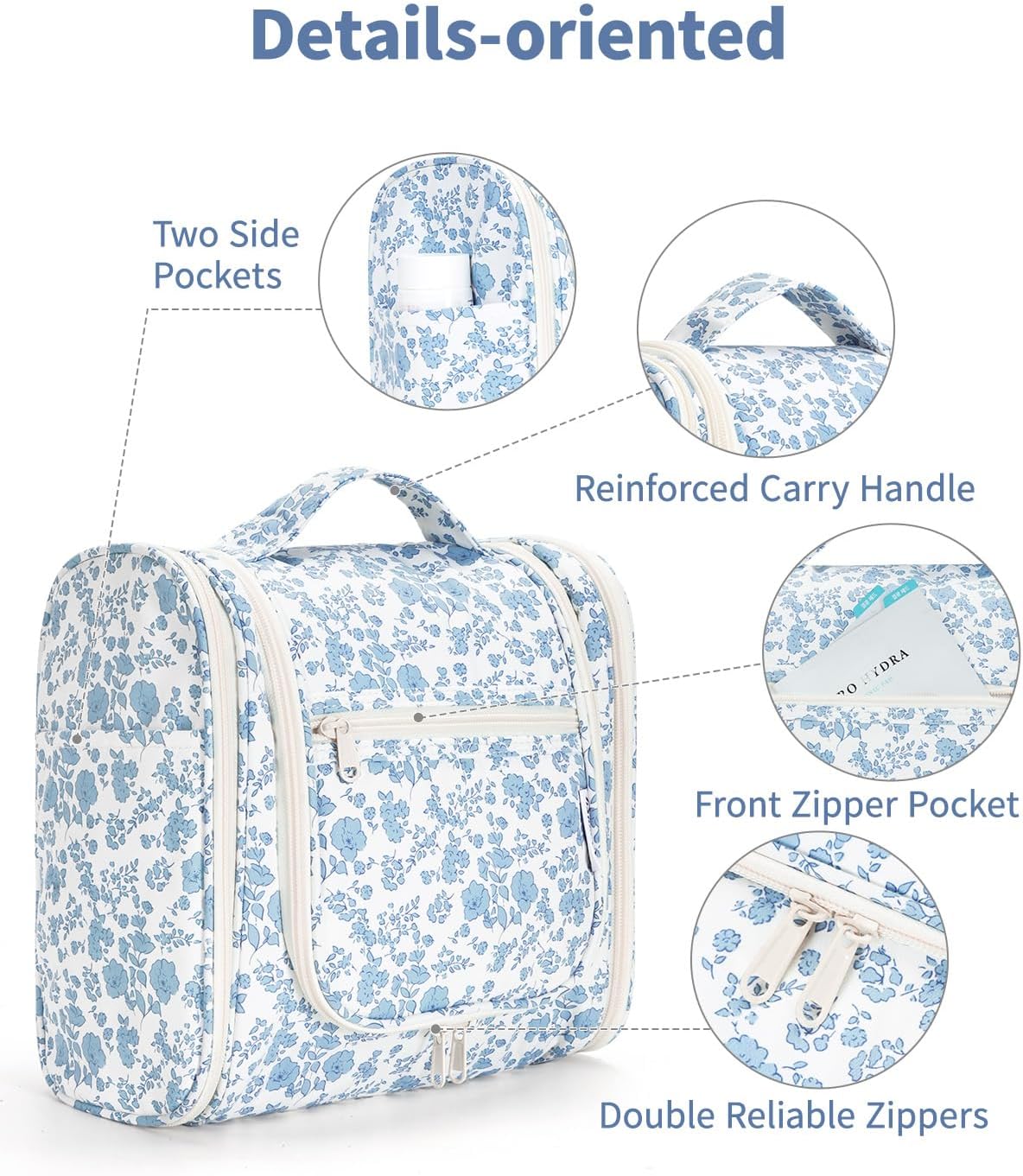 Narwey Hanging Toiletry Bag for Women Travel Makeup Bag Organizer Toiletries Bag for Cosmetics Essentials Accessories (Large, Little Blue Flower)