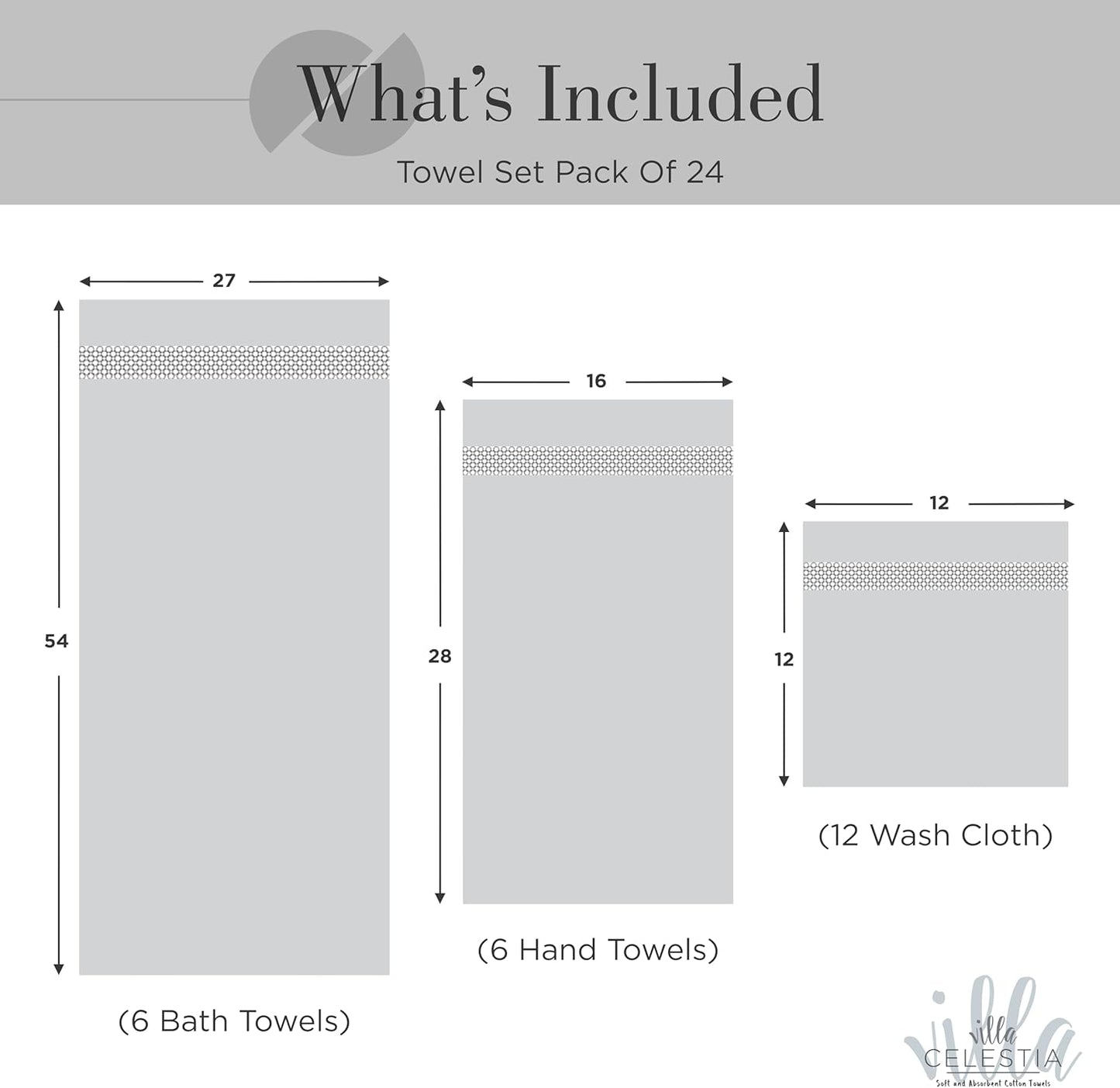 100% Cotton Bath Towel Set of 24-6 Bath Towels, 6 Hand Towels, 12 Wash Cloths, Sustainable, Soft, Highly Absorbent, Combed Cotton 24 Piece Set for Hotels, Spa, Bathroom, Dorm, Black