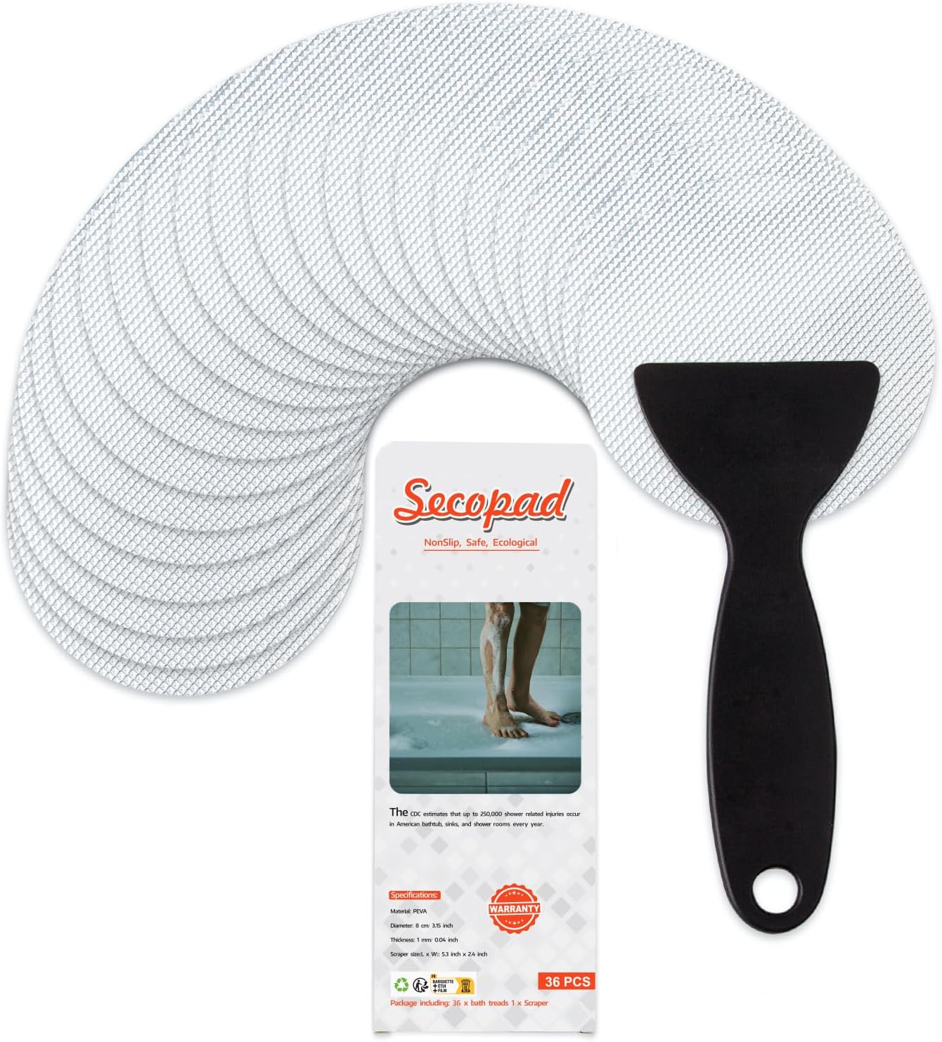 36PCS Non-Slip Bathtub Stickers, Safety Bathroom Tubs Showers Treads Adhesive Decals Scraper