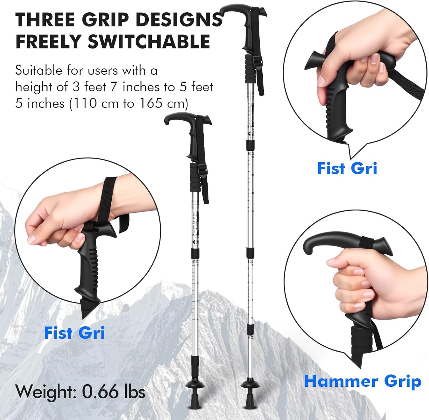 Telescopic Walking Cane 43 Inch with Anti-Shock & T-Grip Handle - 7075 Aluminum Quick Lock Trekking Pole, Ultralight for Hiking, Camping, Mountaineering