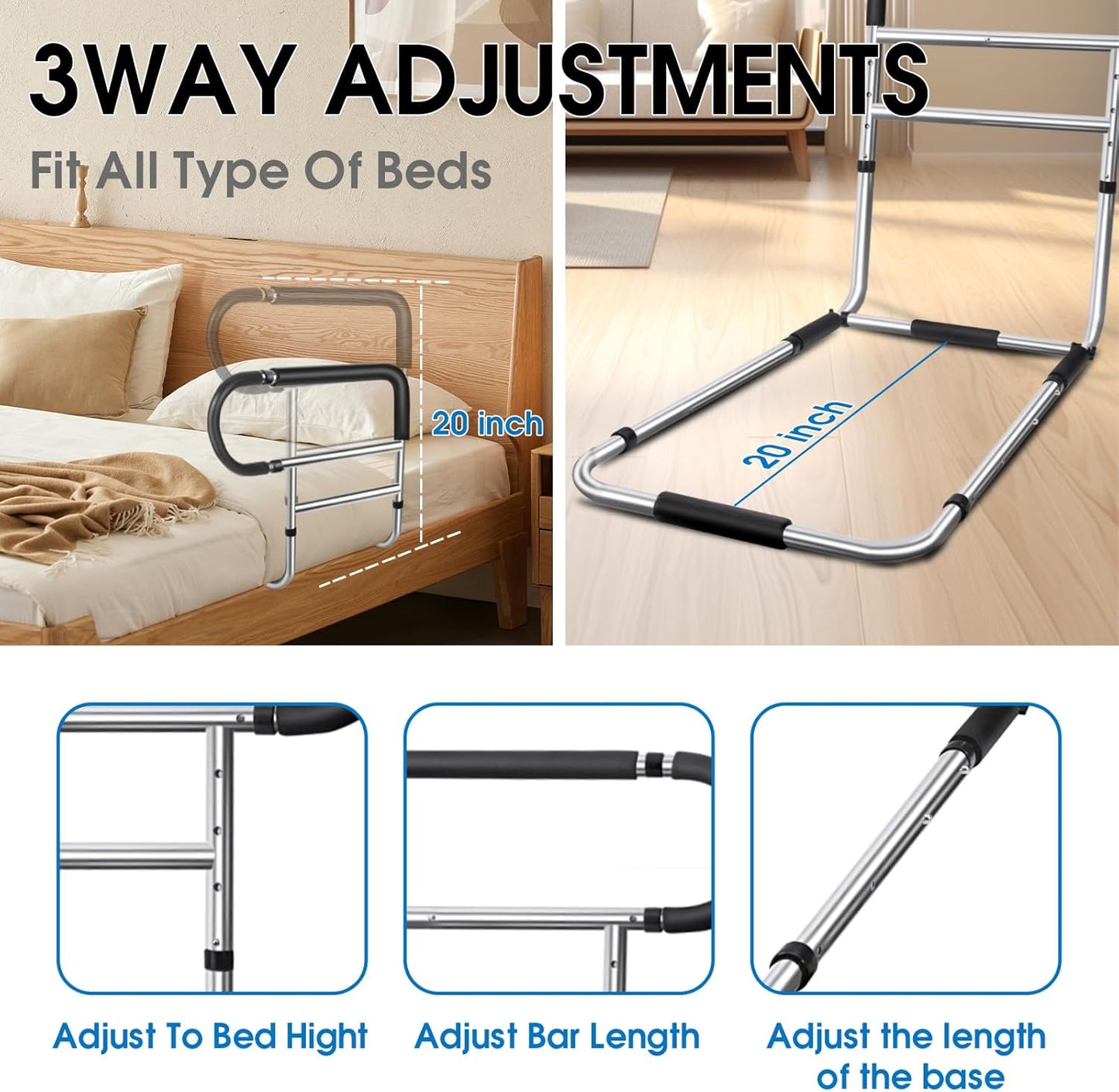 Bed Rails for Elderly Adults Safety, Stainless Steel Bed Assist Rail with Adjustable Side Railings for Seniors Bedside Fall Prevent Grab Bar with Storage Pocket,Fits King Queen Full Twin Bed