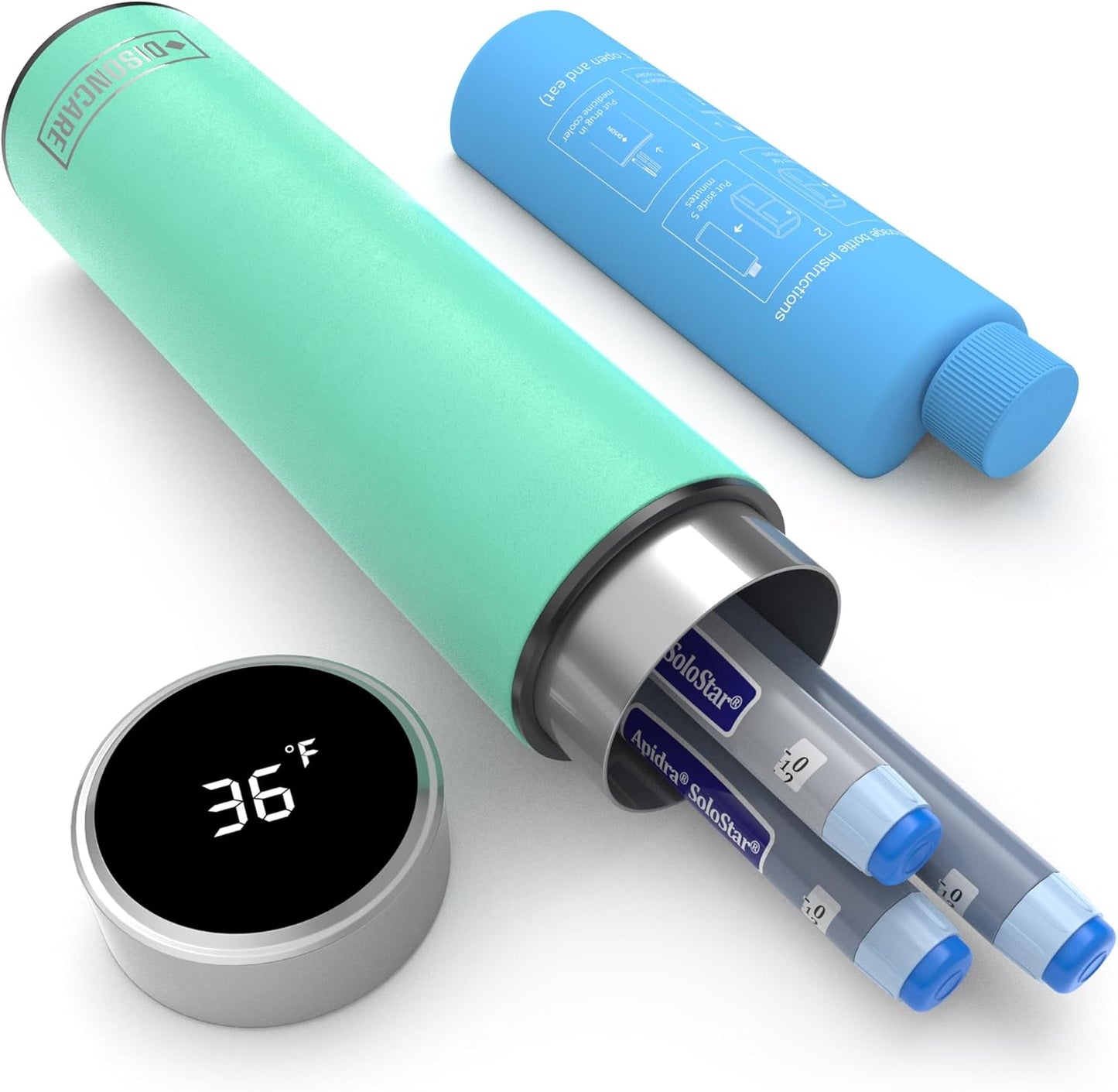 DISONCARE Odyssey 60H Insulin Cooler Travel case Digital Display Medication Cooler for Medicine Travel TSA Approved Ice Pack Diabetic Medical Cooler Diabetes Bag EpiPen with Medical Tag(Seawater Cyan）