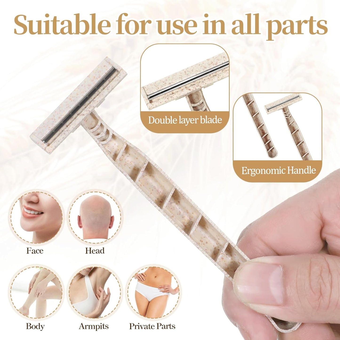 50Pcs Twin Blade Uinsex Disposable Razors, Shaving Razors for Men & Women Bulk, Eco-Friendly Portable Shave Razor for Bathing, Hotel, Travel(Beige)