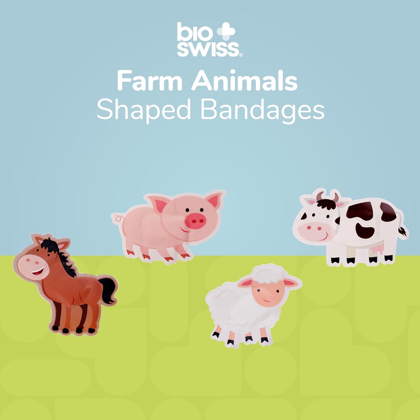 BioSwiss Kids Bandages, Farm Animal Shaped Self Adhesive Bandage Set, Latex Free, Sterile Wound Care, 24 Count