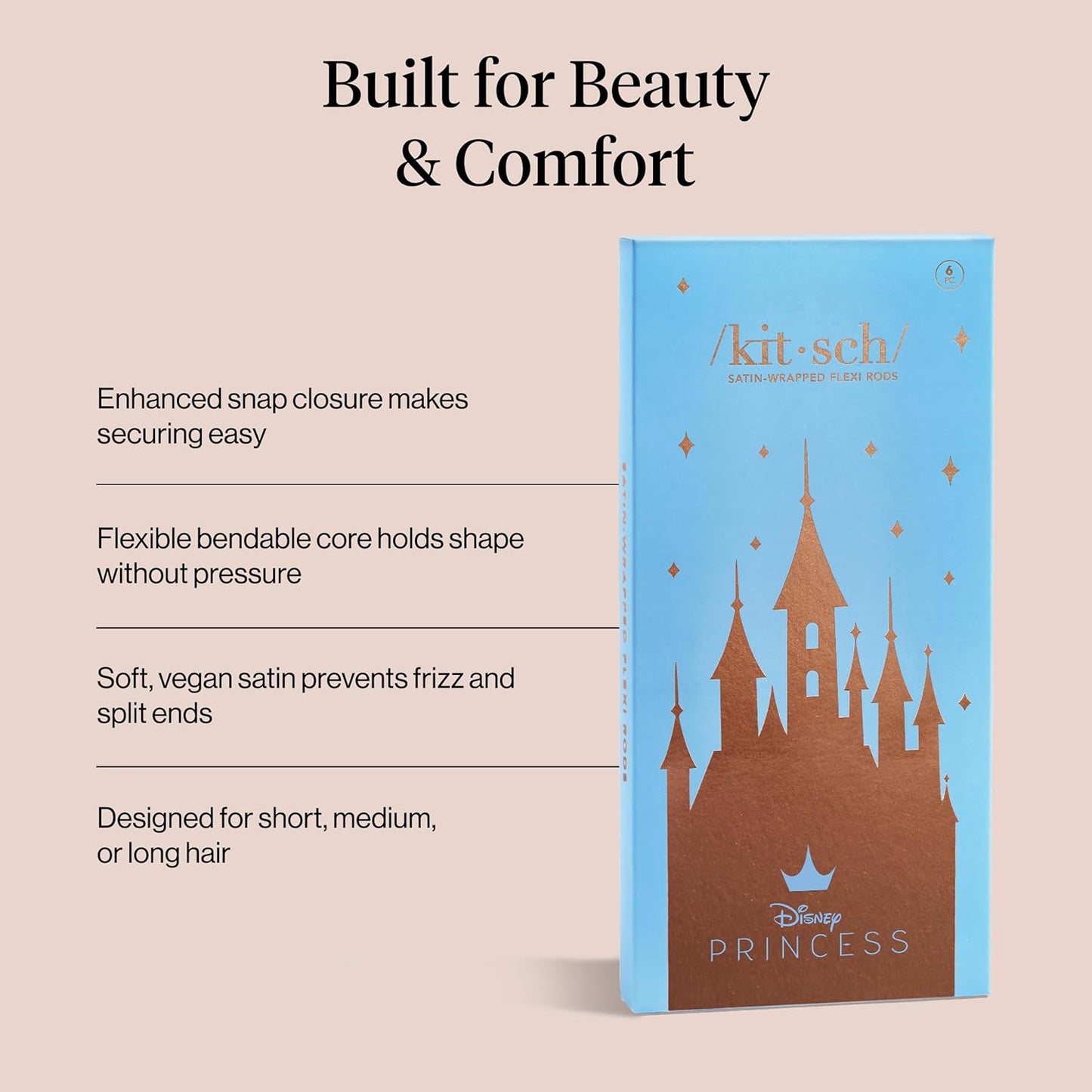 Disney & Kitsch Satin Heatless Curling Rod - Hair Curler Set, Heatless Curls Overnight, Hair Rollers for Soft Curls & Frizz-Free Styling, No Heat Curlers To Sleep in - 6pcs, Disney Princess