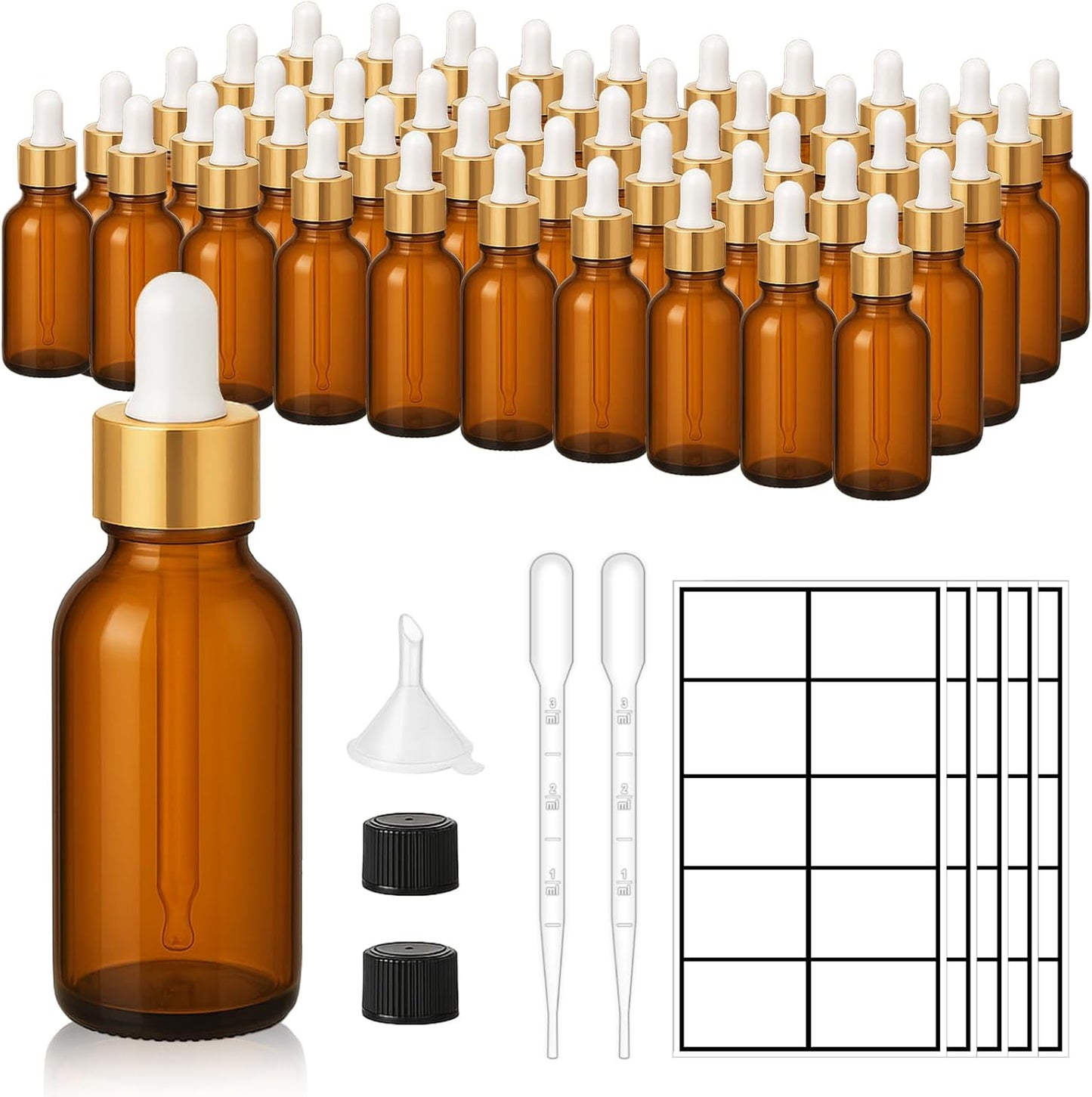50Pack 1oz Amber Glass Dropper Bottles with Gold Lids, Funnels, Droppers, Extra Caps & Labels – Leakproof, UV Resistant 30ml Empty Bottle for Tinctures, Essential Oils, Beard, Hair Oils