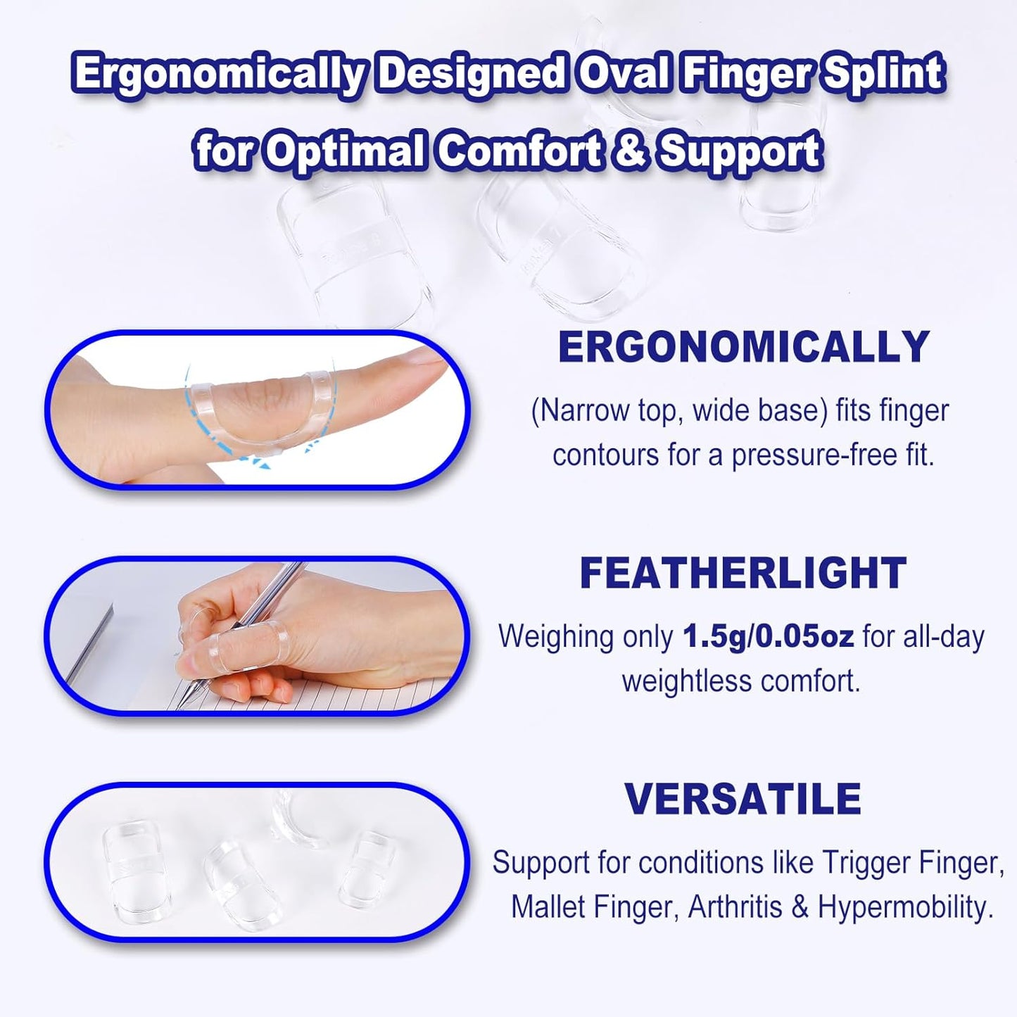 8Pcs Clear Oval Finger Splints & Click-Lock Adjustment Kit, 4 Graduated Finger Ring Splint & 4 Splint Adjustment, Finger Braces for Arthritis, Mallet, Straightening, Support (Size 1-4)