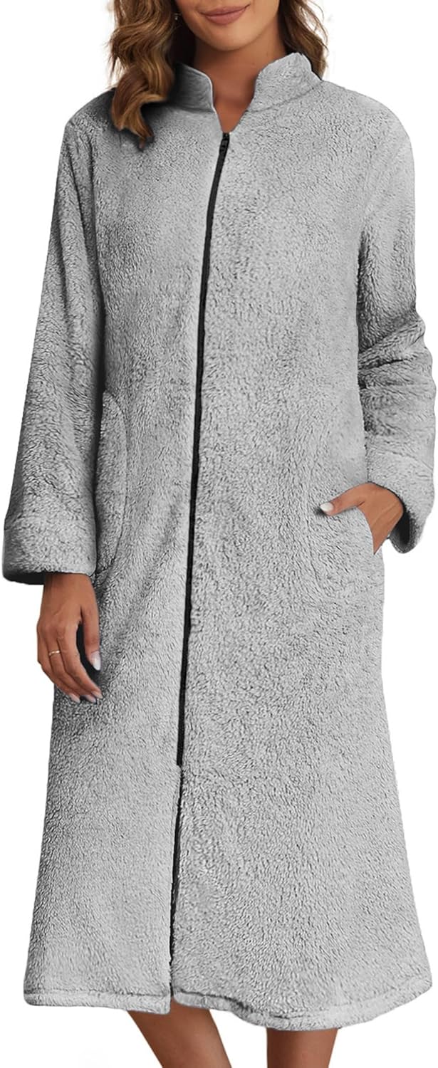 Ekouaer Women's Zip Up Robe Fleece Bathrobe Long Zipper Lounger Warm Housecoat Long Sleeve Nightgown with Pockets S-XXL