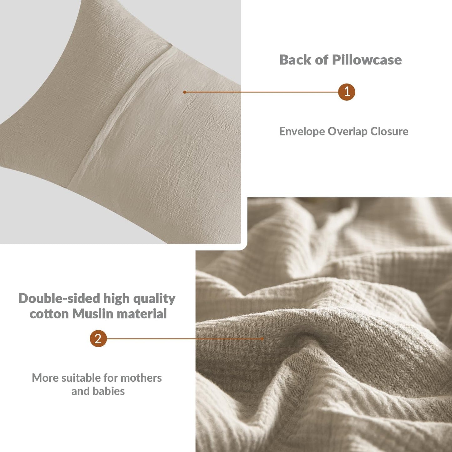 SE SOFTEXLY Muslin Pillowcases Standard Size 100% Cotton, 2 Pack Linen Like Pillow Shams with Envelope Closure, Ultral Soft and Breathable Pillow Case Covers, Beige, 20" X 26", No Filling