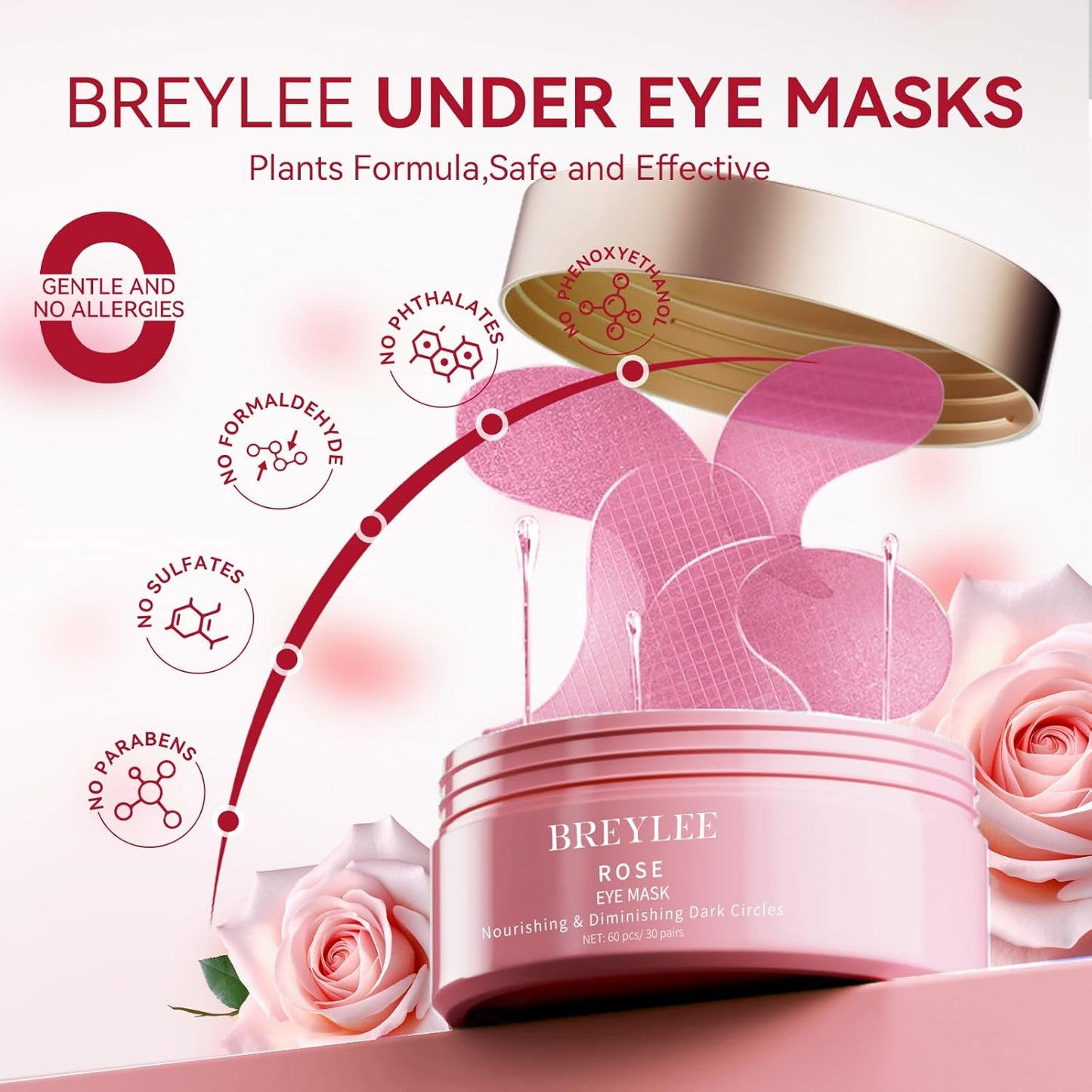 BREYLEE Rose Eye Mask– 60 Pcs, Under Eye Patches, Patches For Puffy Eyes,Hydrates, Improves And Firms The Eye Area, Suitable For Both Women And Men.