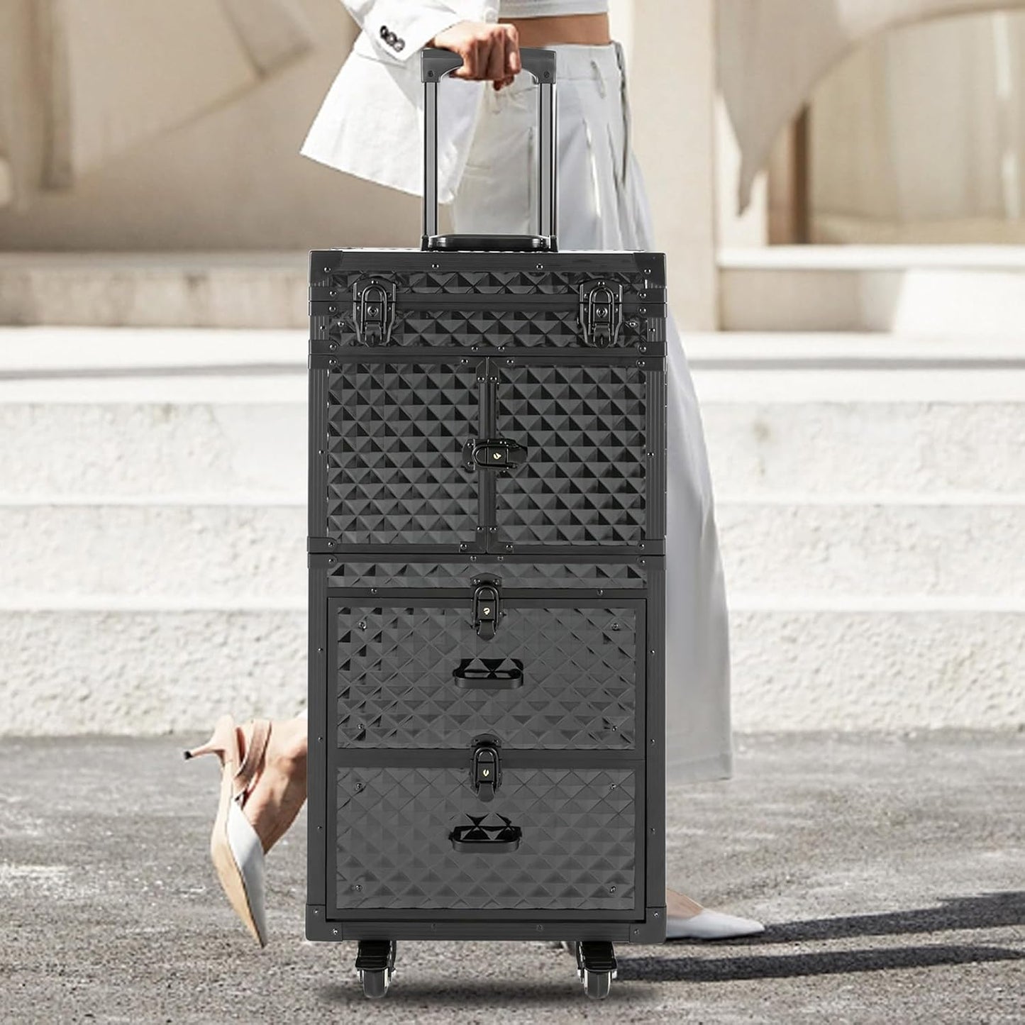 Lockable Makeup Train Case,33.07lbs Rolling Hairdressing Trolley,Beauty Salon Cosmetic Luggage with Universal Wheels for Hair Stylist,Make-up Artists (Black 3)