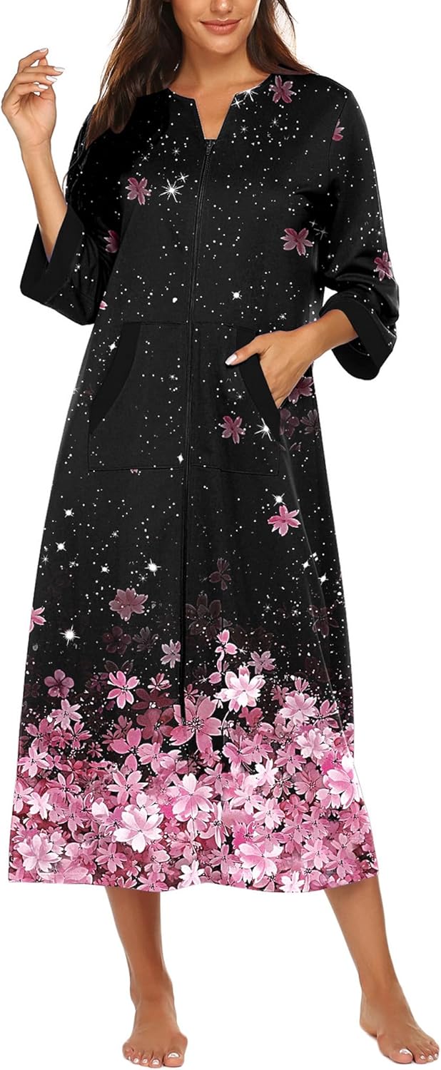 Ekouaer Women Zipper Robe 3/4 Sleeves Loungewear Dress Full Length Sleepwear Pockets Housecoat Nightgown Long Bathrobe