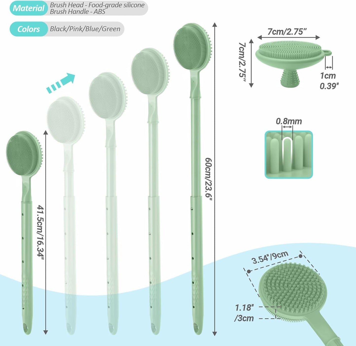 Adjustable Silicone Back & Face Scrubber Set, 16''-24'' Extendable Shower Back Scrubber with Dual-Side Head and Lathering Bristles, Manual Face Scrubber with Soft Bristle Non-Slip Handle(Green)