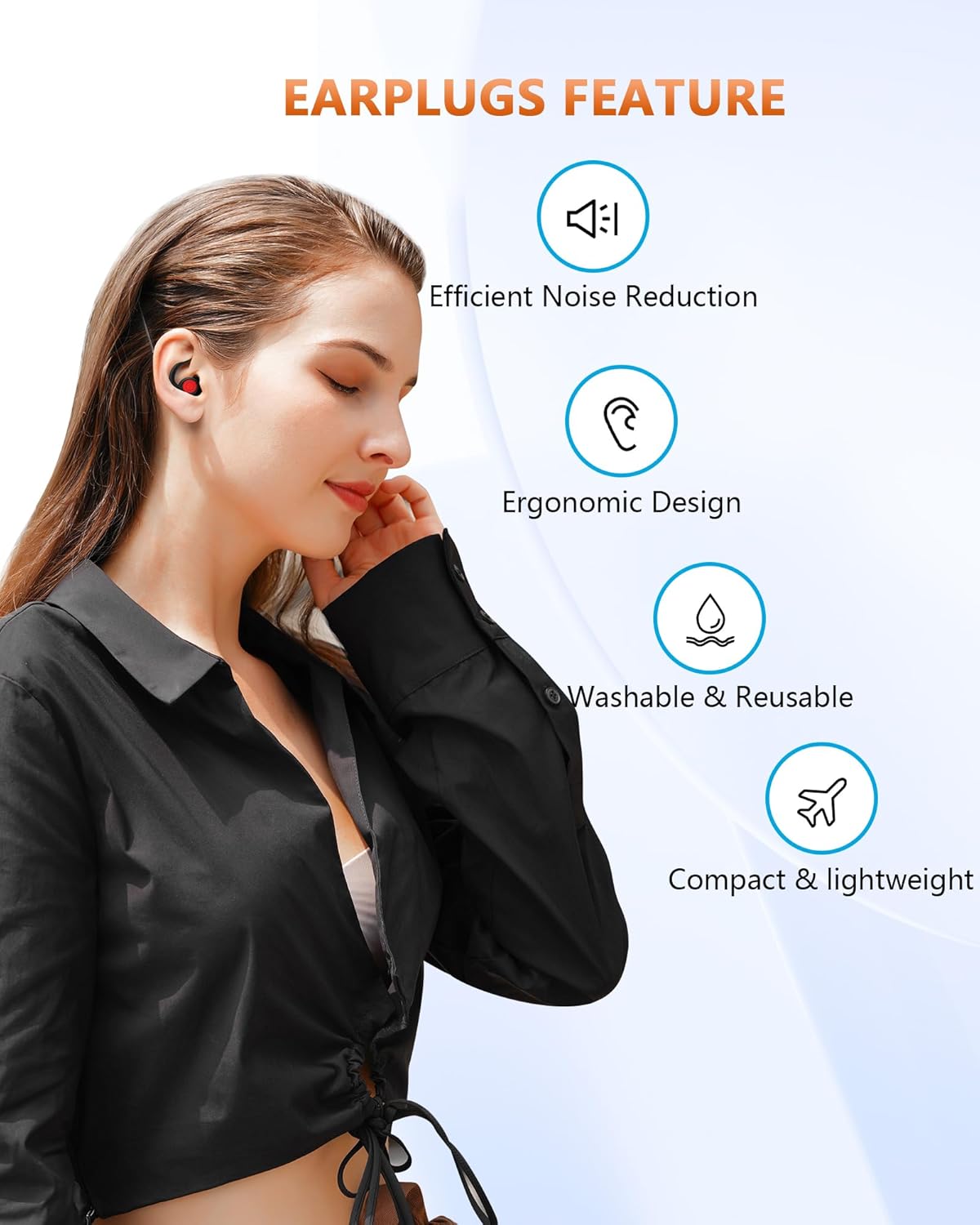 Noise Reduction Earplugs, 25dB Sound Blocking, Silicone Comfort Fit, Black