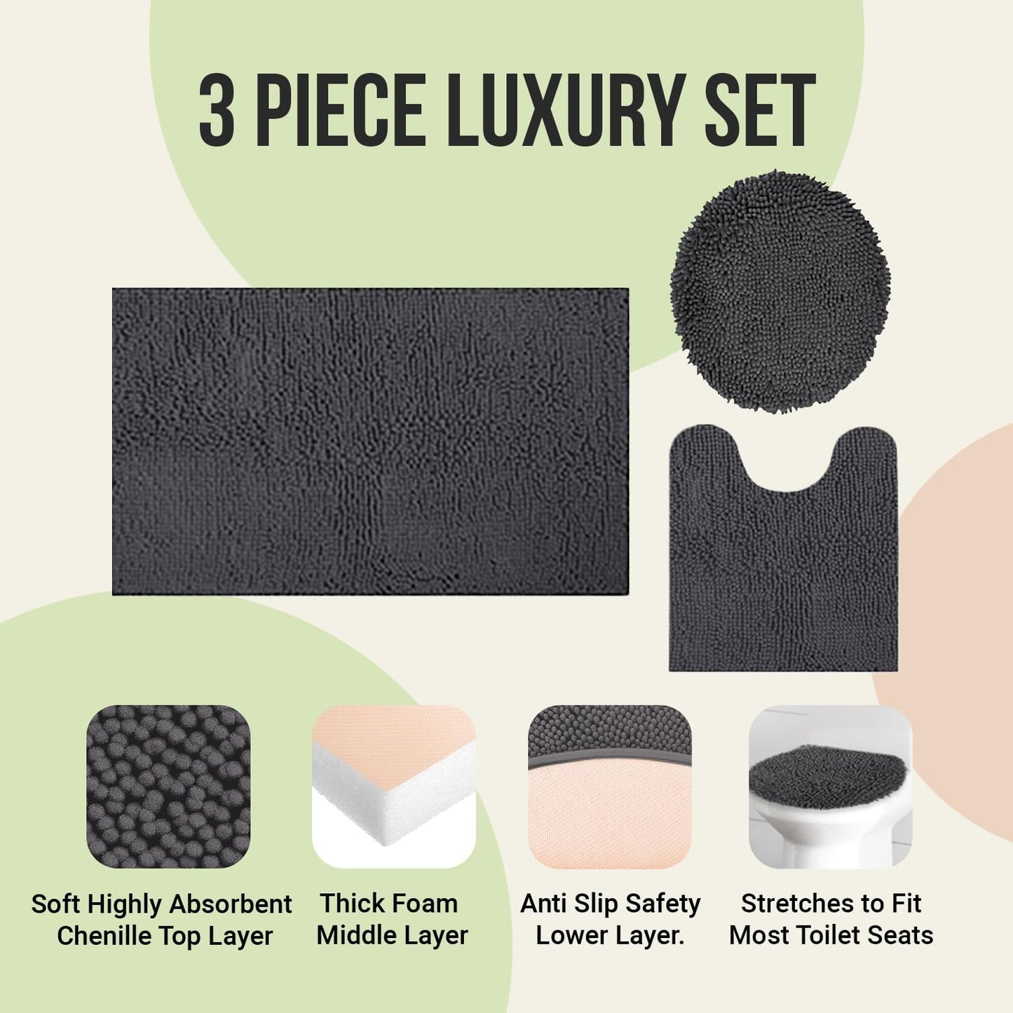 ITSOFT 3pc Non-Slip Shaggy Bathroom Mat Set, Includes 24 x 21 Inches U-Shaped Contour Toilet Rug, 34 x 21 Inches Bathmat and 1 Toilet Lid Cover, Sage Green