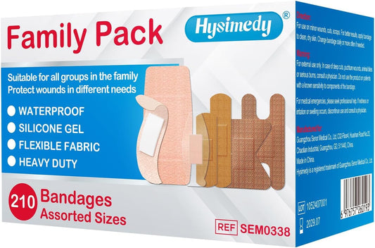 Adhesive Assorted Bandages Variety Pack 210 Counts Flexible Fabric Heavy Duty Waterproof Silicone Hypoallergenic Latex Free for Sensitive Skin Wounds Care Medical First Aid Kit Supplies