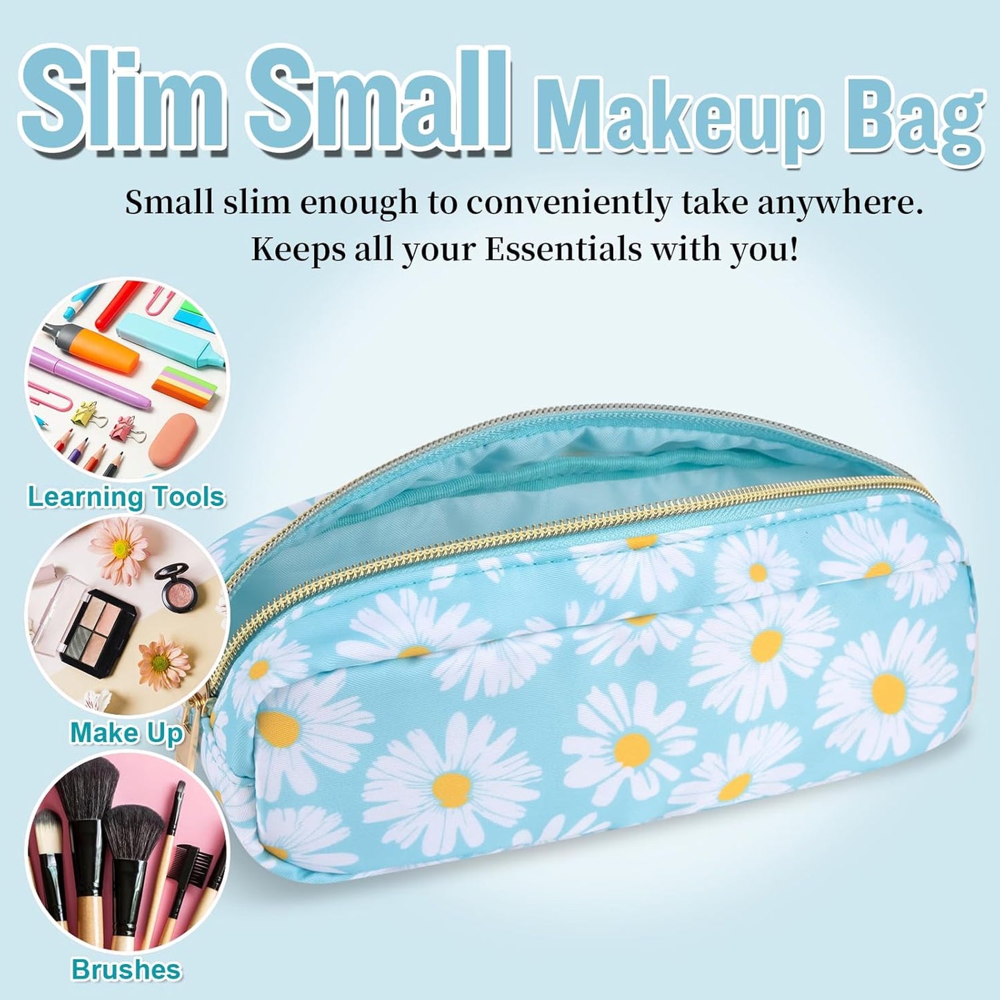 Nylon Small Floral Makeup Bag, Slim Preppy Cute Makeup Brush Case, Waterproof Travel Toiletry Bag, Coin Pouch Make Up Organizer for Women (Blue-Daisy)