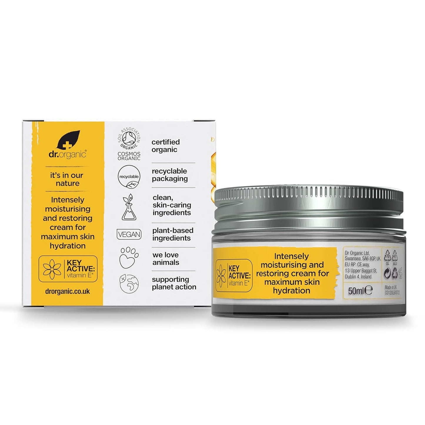 Dr. Organic Vitamin E Moisturising and Restoring Cream | Deeply Hydrates, Restores Skin’s Natural Balance, Natural, Certified Organic, Paraben & SLS-Free, 50 mL / 1.7 fl oz