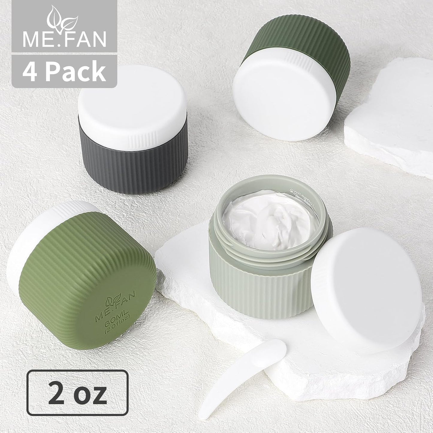 ME.FAN Travel Containers for Toiletries, TSA Approved 2 oz Silicone Cream Jars, Leak-proof Journey Containers, Trip Accessories with Lid for Cosmetic Face Hand Body Cream 4 Pack White Lid Desert Sage