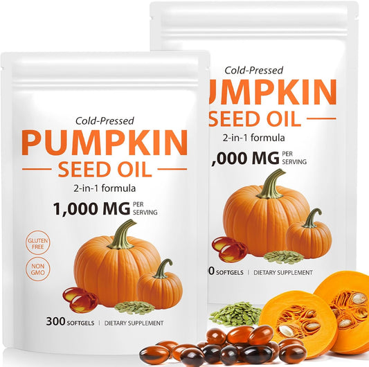 Pumpkin Seed Oil Capsules, 1000mg Per Serving, Cold-Pressed Extract, Essential Fatty Acids & Phytosterols, Non-GMO, Supports Hair Growth & Bladder & Prostate Health, 600 Softgels
