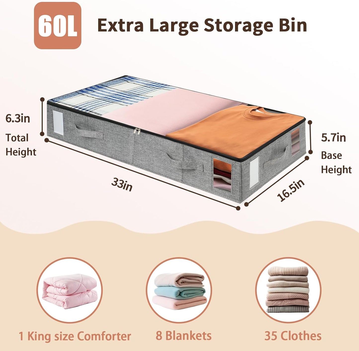 combocube 4 Pack Under Bed Storage Containers, Stackable Closet Organizers and Storage Bins with Sturdy Support, Foldable Underbed Clothes Storage Box for Blanket, Comforter, Sweater, Pillows, Shoes