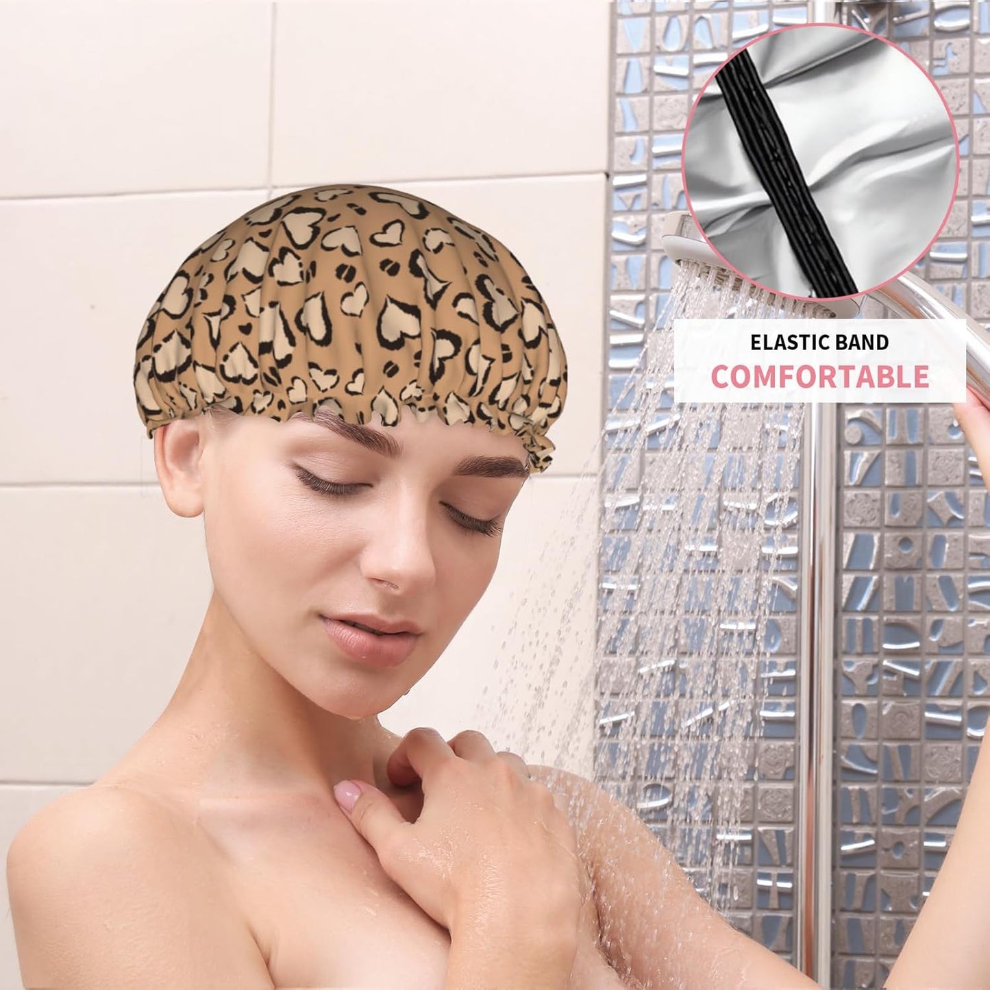 Leopard Print Shower Caps Brown Heart Dual-Layer Waterproof Bath Hat Reusable Hair Caps Elastic Hair Hat for Shower Cooking Clean Makeup Travel